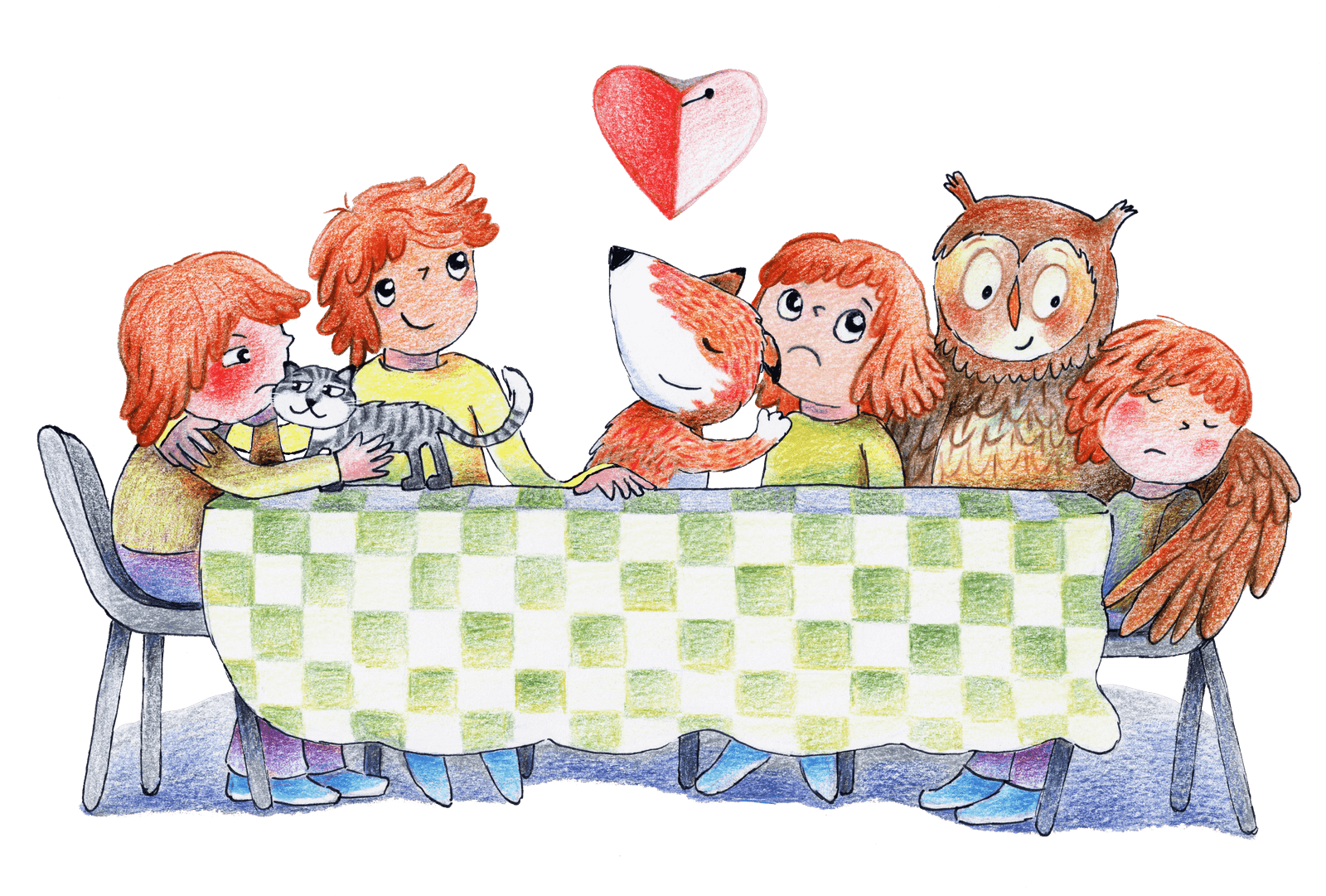 Illustratie van kinderen met verschillende gevoelens samen aan tafel